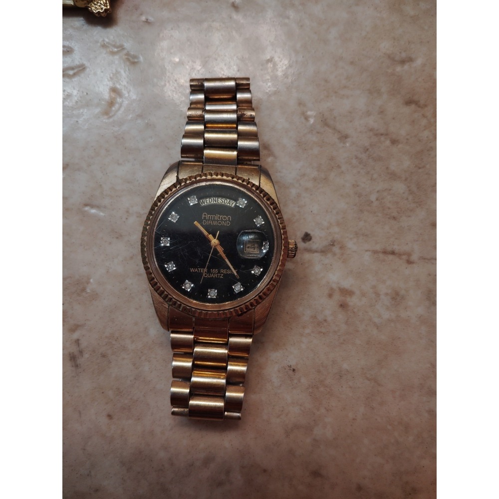Vintage Armitron Gold-Tone Men's Quartz Day Date with Diamond Dial Wristwatch